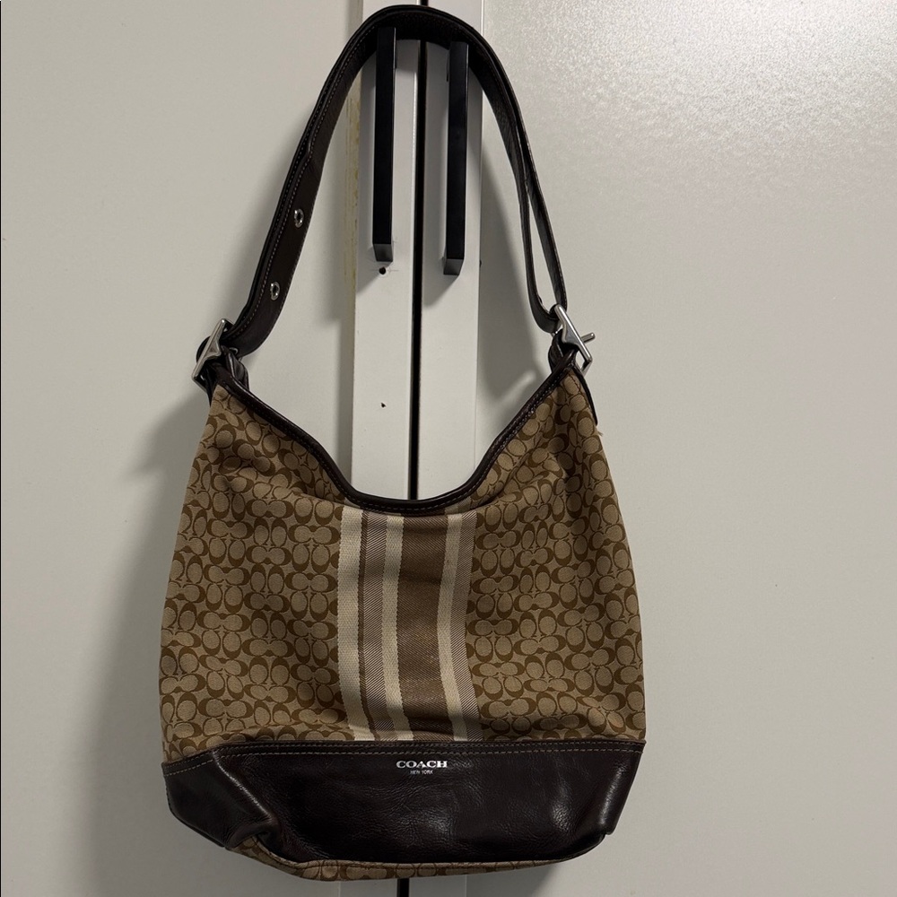 Coach Brown and Tan Signature Shoulder Bag